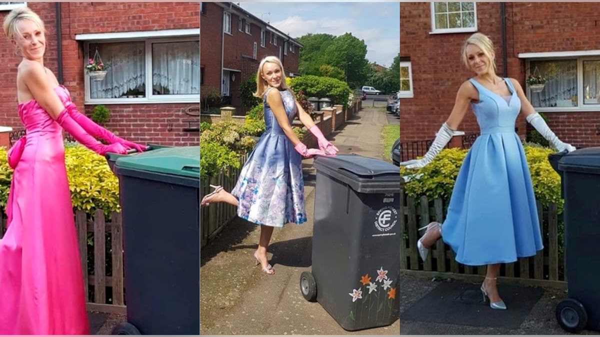 Nicola Matthews got dolled up to bring out the garbage – and the tradition stuck for 20 weeks. (SWNS.)