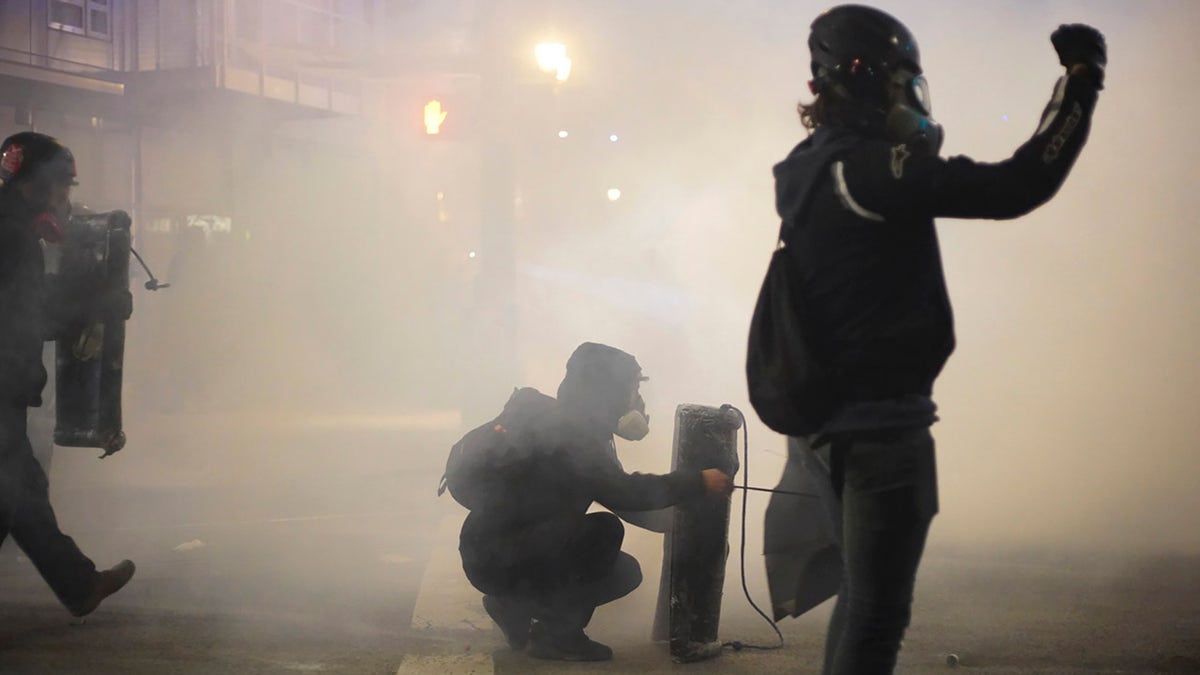 A group of protesters demonstrate Wednesday evening, Jan. 20, 2021, outside the U.S. Immigrations and Customs Enforcement (ICE) building in Portland, Ore. (Assfault Pirates via AP)