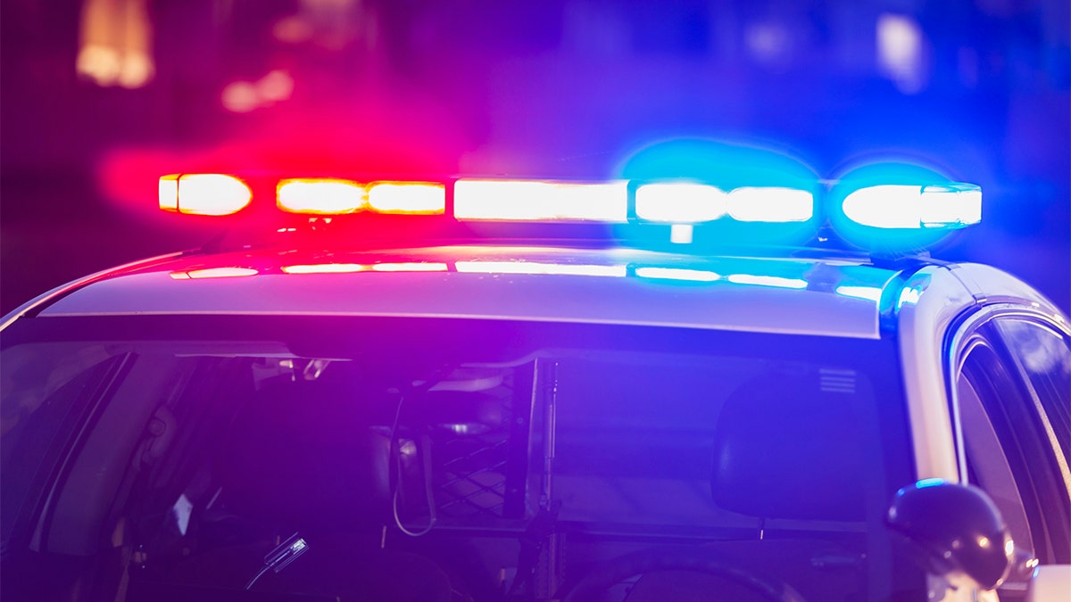 The roof of a police patrol car at night, with the blue and red lights flashing.