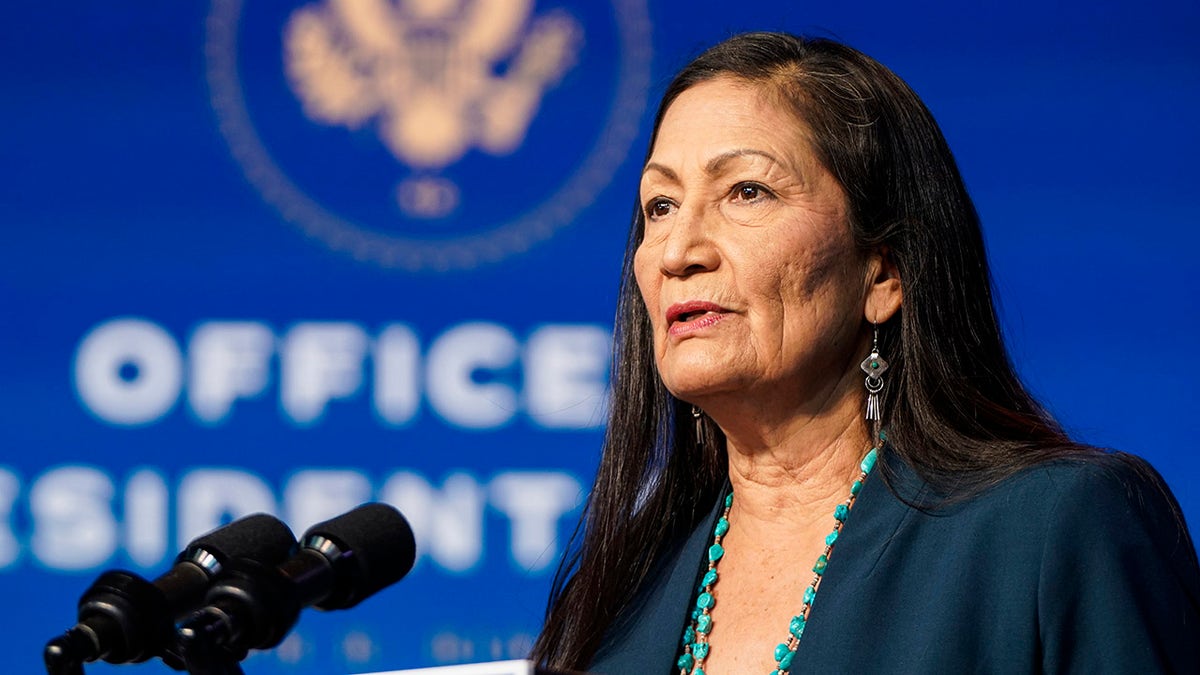Nominee for Secretary of Interior, Congresswoman Deb Haaland, speaks after then-President-elect Joe Biden announced his climate and energy appointments at the Queen theater on Dec. 19, in Wilmington, Delaware.  (Getty Images)