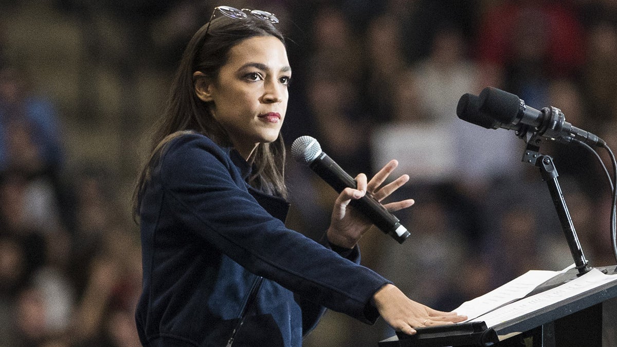 Alexandria Ocasio-Cortez speaking at rally