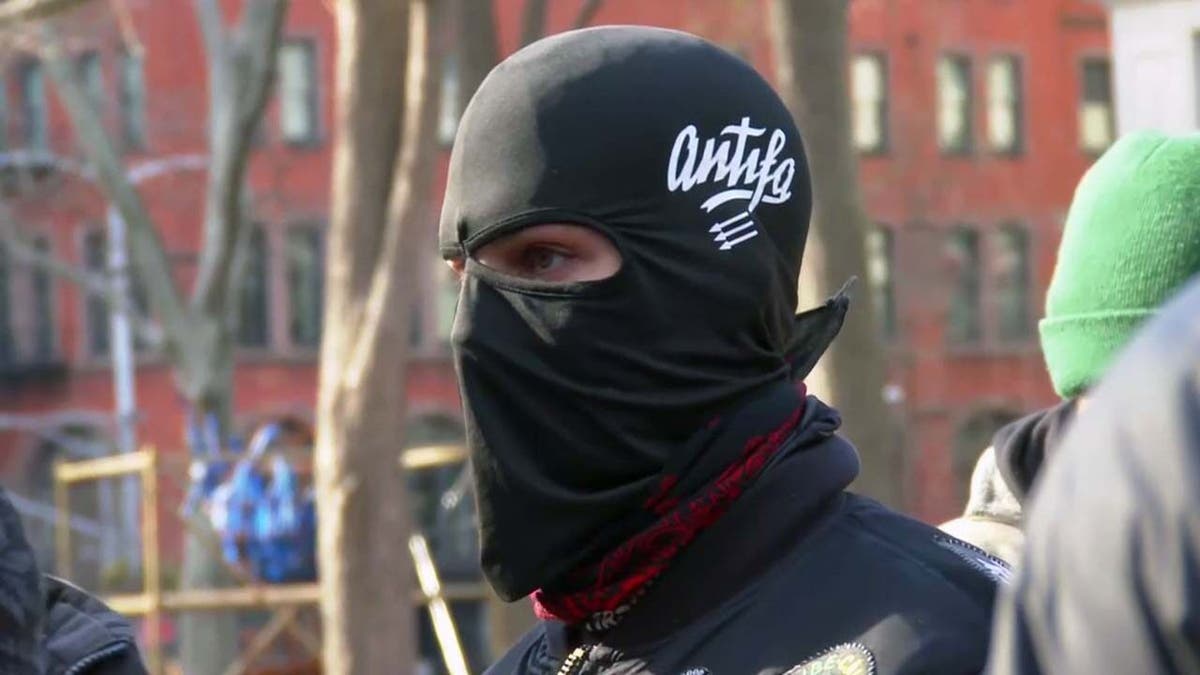 An Antifa protester during a march in New York City 