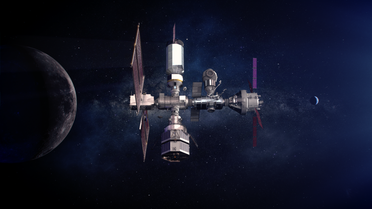 Illustration of Gateway in lunar orbit with contributions from international partners. (NASA)