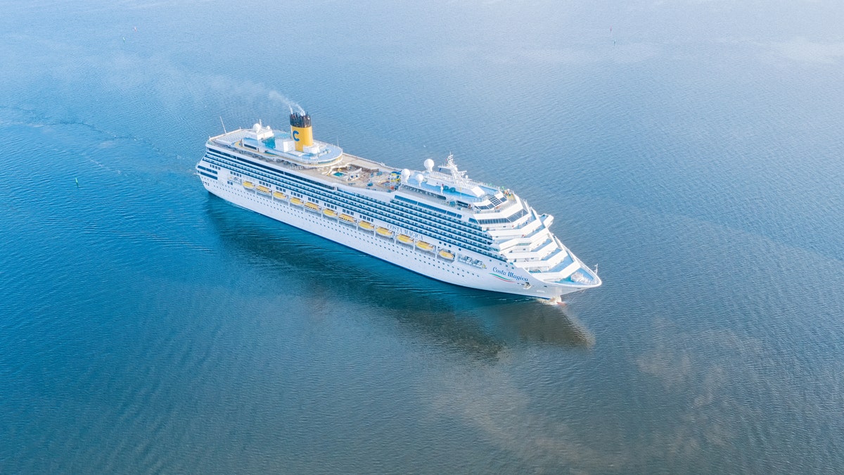 An aerial view of the Costa Magica cruise ship near Saint Petersburg, Russia.