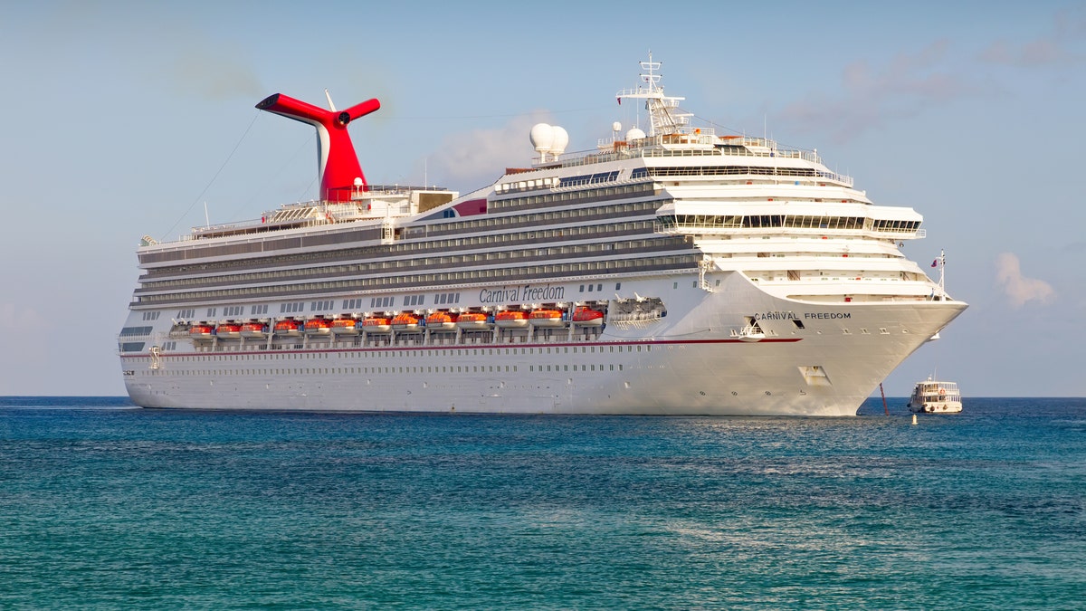 The Carnival's Freedom cruise ship anchored in the Caribbean Sea.