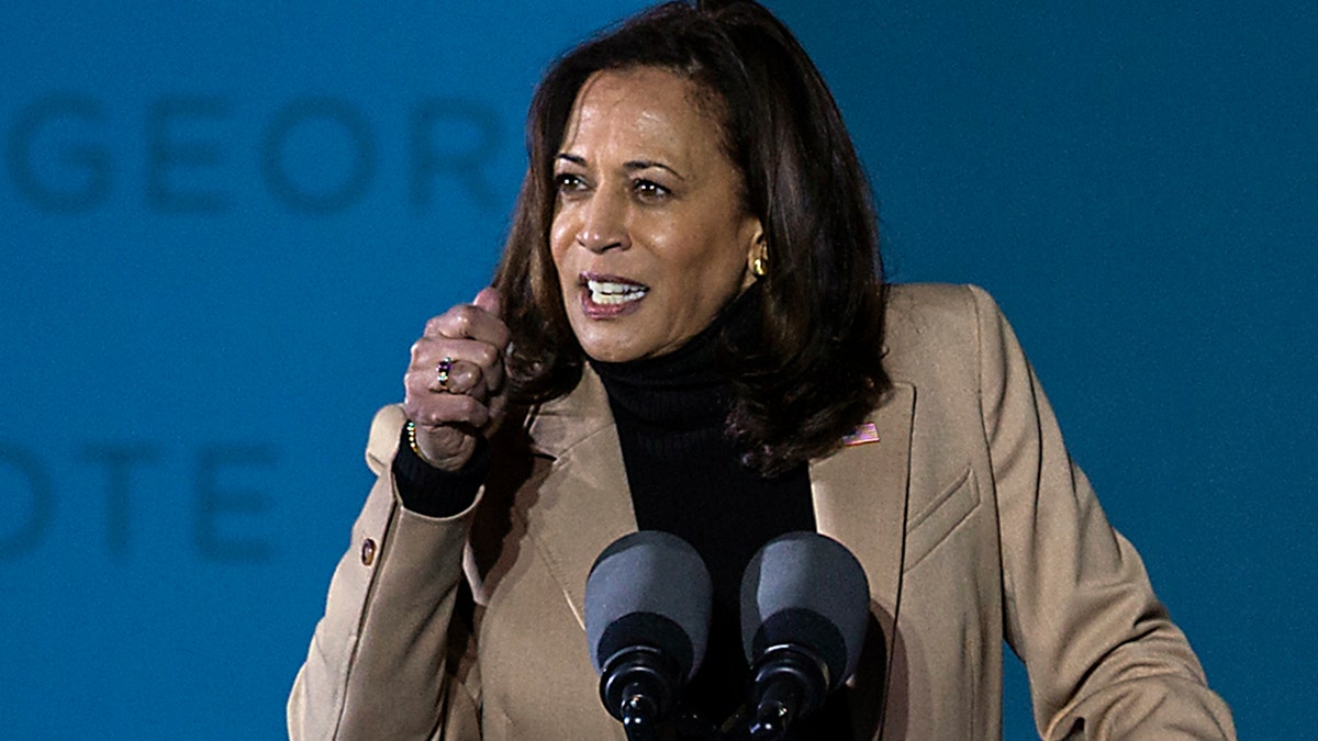 Vice President-elect Kamala Harris speaking at a drive-in rally in Savannah, Ga., during a campaign stop Jan. 3.