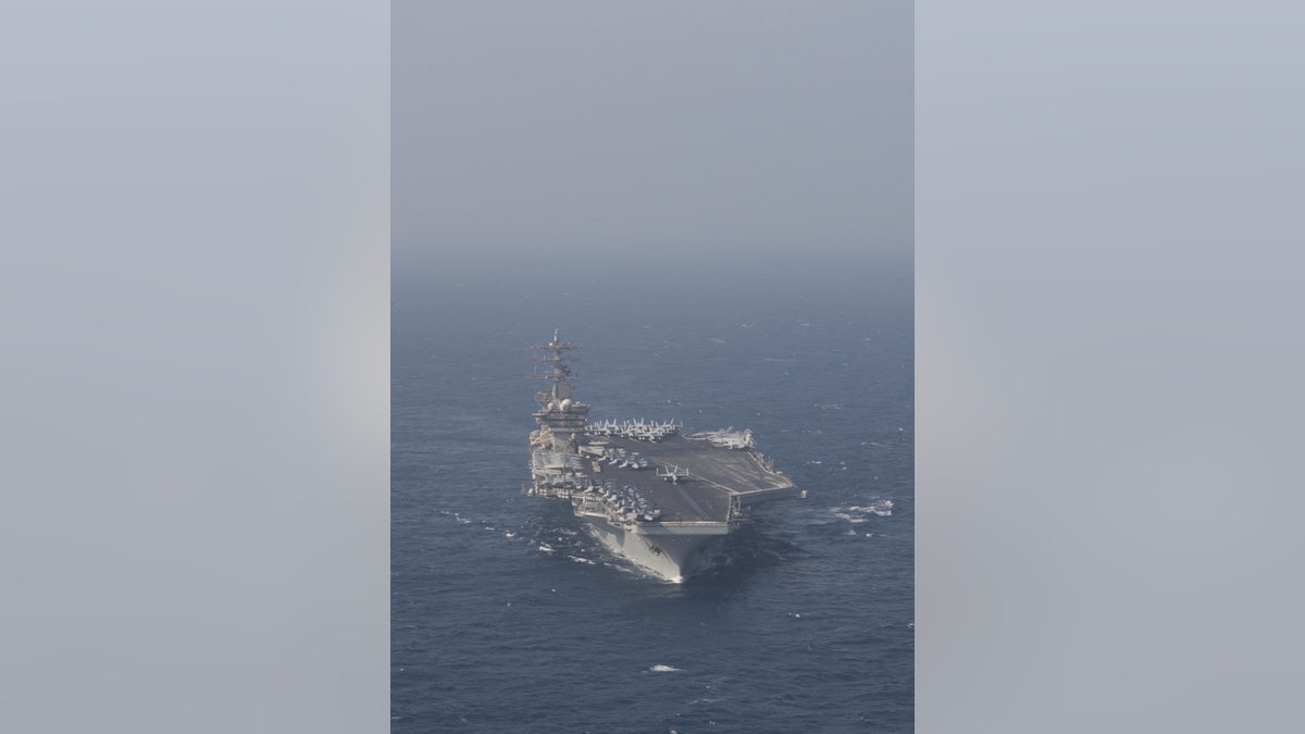 The aircraft carrier USS Nimitz (CVN 68) steams ahead while participating in Malabar 2020 in the North Arabian Sea. (U.S. Navy photo by Mass Communication Specialist 3rd Class Keenan Daniels)