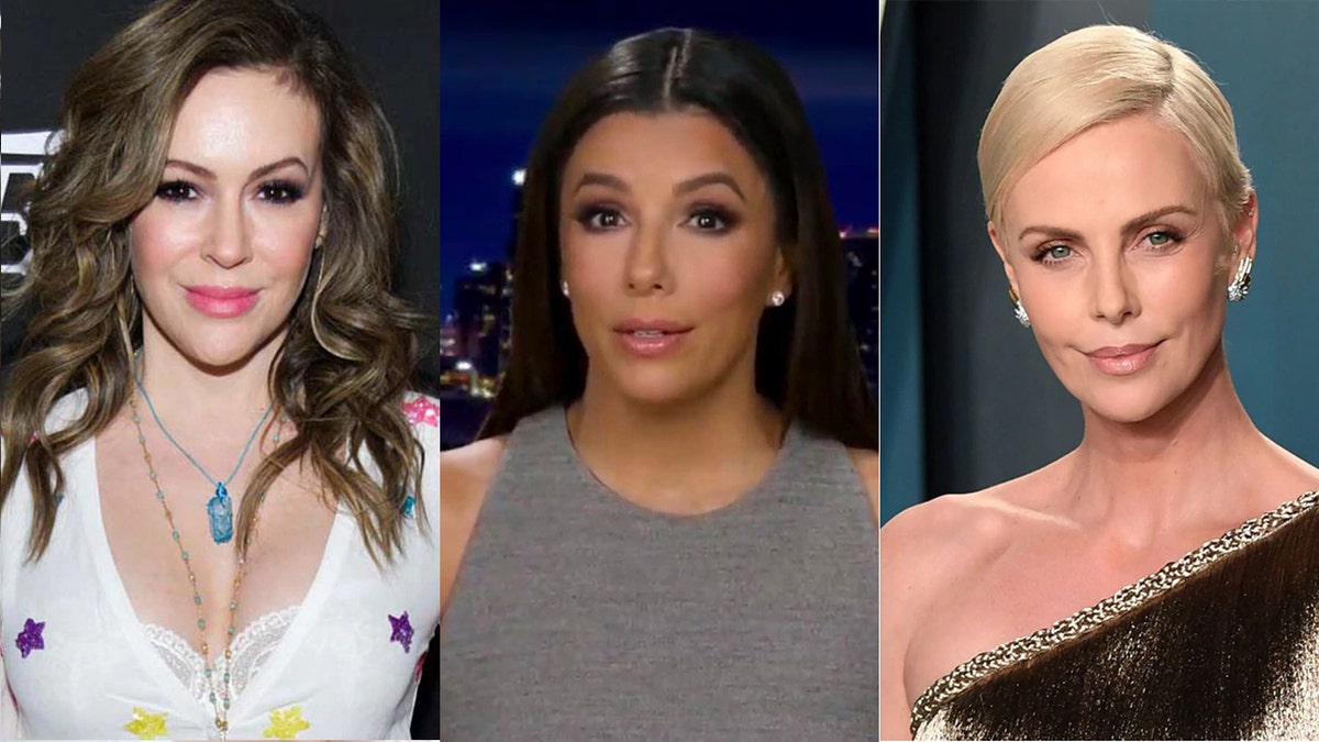 From left: Alyssa Milano, Eva Longoria and Charlize Theron have all signed a letter supporting temporary basic income for struggling mothers during the pandemic. 