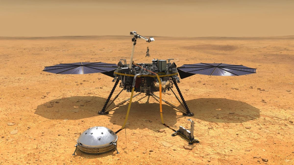 This illustration shows NASA's InSight spacecraft with its instruments deployed on the Martian surface. (Credit: NASA/JPL-Caltech)