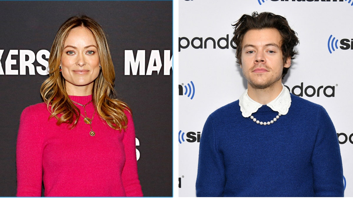 Olivia Wilde in a pink sweater split with Harry Styles in a blue sweater