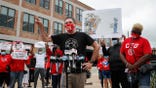 Chicago Teachers Union President Jesse Sharkey speaks prior to the Occupy City Hall Protest and Car Caravan hosted by CTU in Chicago, Illinois, on August 3, 2020. - Teachers and activists hold car caravan all over the country on August 3, 2020 to demand adequate classroom safety measures as schools debate reopening. (Photo by KAMIL KRZACZYNSKI / AFP) (Photo by KAMIL KRZACZYNSKI/AFP via Getty Images)