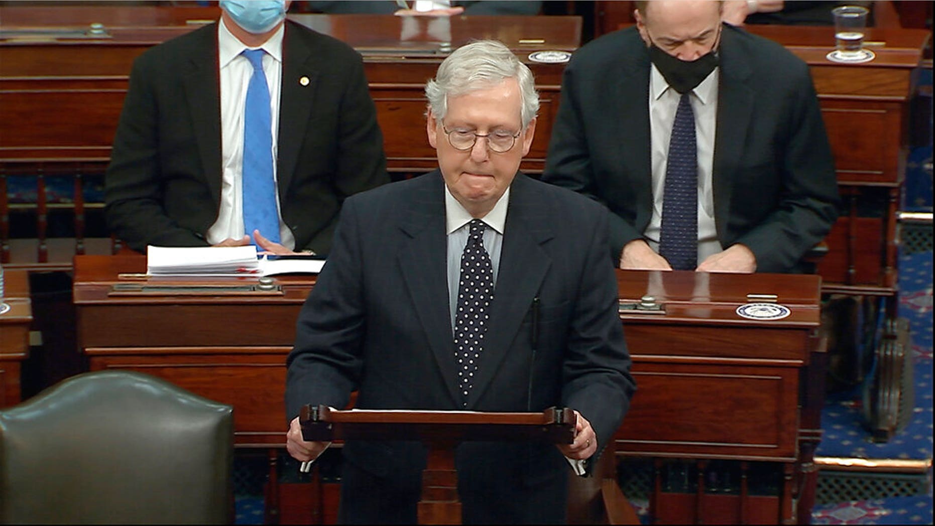 In this image from video, Senate Majority Leader Mitch McConnell of Ky., speaks as the Senate reconvenes after protesters stormed into the U.S. Capitol on Wednesday, Jan. 6, 2021. McConnell opposed Trump-backed efforts by Republicans to overturn the presidential election in Congress. He now is said to be furious with the president and believes that a second impeachment could help excise Trump and his movement from the GOP. (Senate Television via AP)