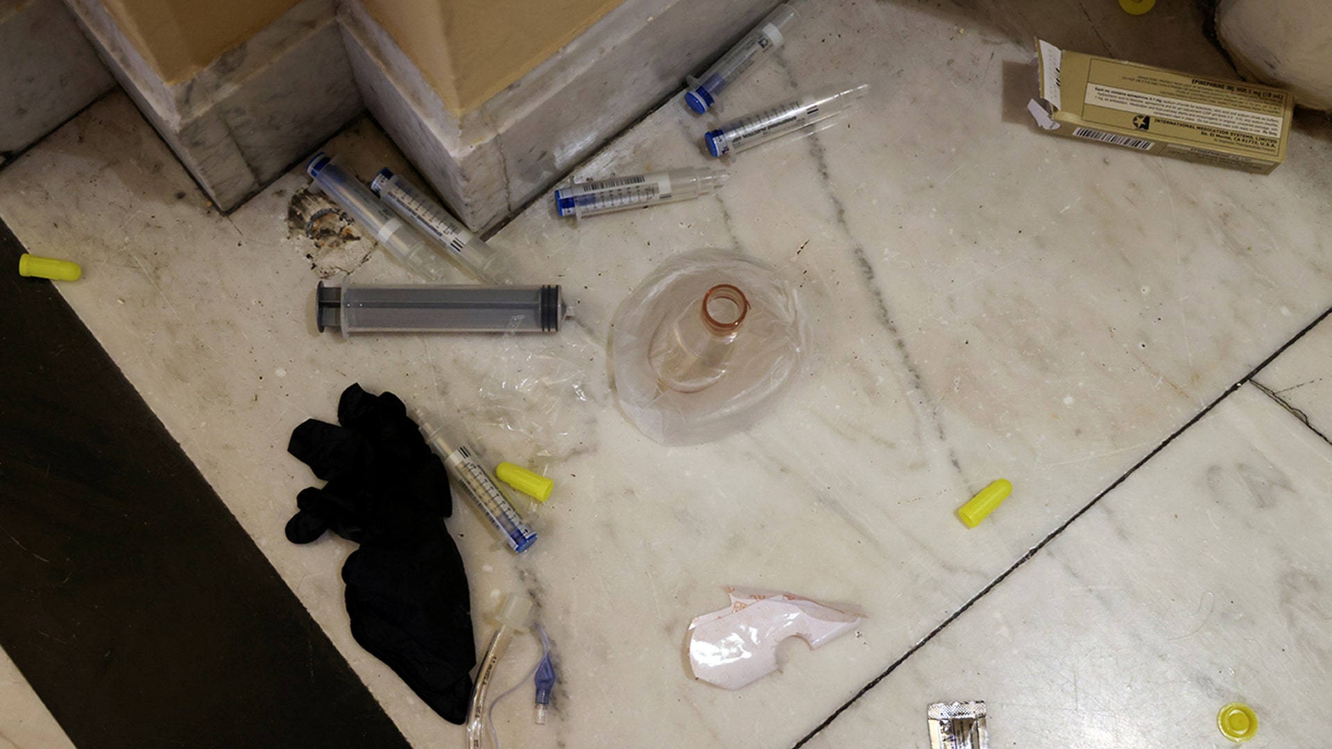 Aftermath of an emergency medical attention in a hallway after supporters of President Donald Trump occupied the U.S. Capitol Building in Washington, Jan. 7, 2021.