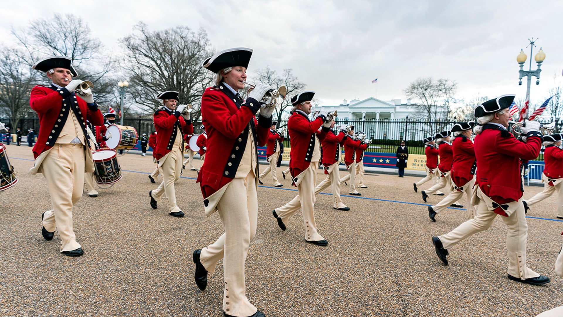 Members of the Old Guard Fife and Drum Corps march during rehearsal for the inauguration of President-elect Joe Biden and Vice President-elect Kamala Harris along Pennsylvania Avenue in front of the White House, Monday, Jan. 18, 2021, in Washington.