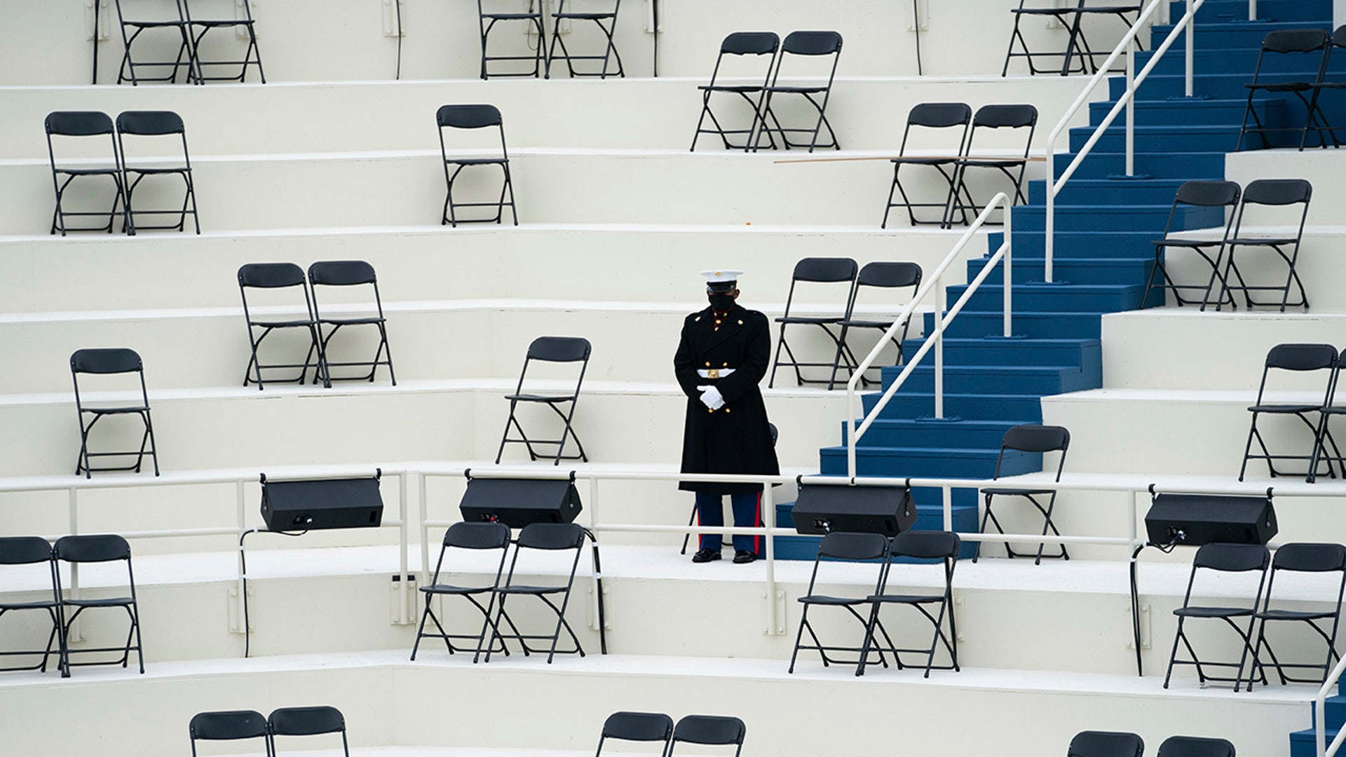 A member of the Military Honor Guard stands during a dress rehearsal for the 59th inaugural ceremony for President-elect Joe Biden and Vice President-elect Kamala Harris at the Capitol, Monday, Jan. 18, 2021, in Washington.