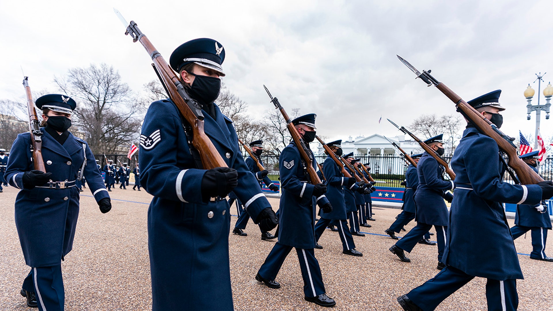 Members of the United States Air Force march during rehearsal for the inauguration of President-elect Joe Biden and Vice President-elect Kamala Harris along Pennsylvania Avenue in front of the White House, Monday, Jan. 18, 2021, in Washington.