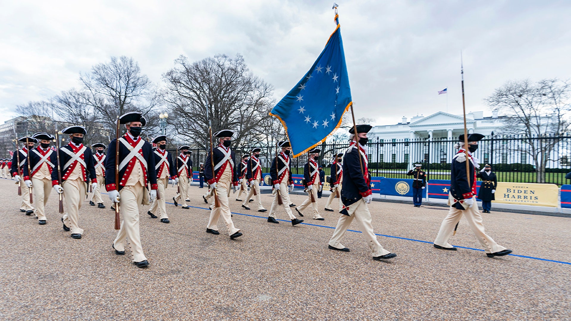 Ceremonial troops of the 3rd United States Infantry, also known as the The Old Guard, march during rehearsal for the inauguration of President-elect Joe Biden and Vice President-elect Kamala Harris along Pennsylvania Avenue in front of the White House, Monday, Jan. 18, 2021, in Washington.