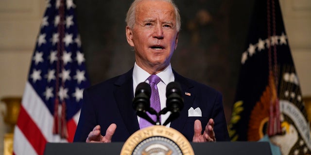 President Joe Biden comments on COVID-19 in the White House State Dining Room on Tuesday, January 26, 2021, in Washington. (AP Photo / Evan Vucci)