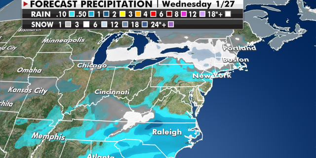 Projected rain and snowfall totals. (Fox News)