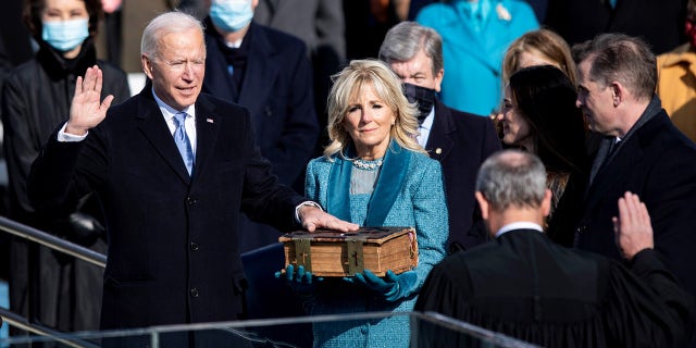WASHINGTON, Jan. 20, 2021 -- U.S. President-elect Joe Biden (L, Front) is sworn in as the 46th President of the United States in Washington, D.C., the United States, on Jan. 20, 2021. (Photo by Liu Jie/Xinhua via Getty) (Xinhua/Liu Jie via Getty Images)
