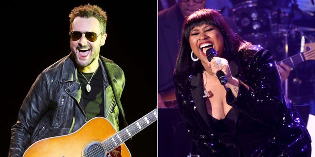 This combination photo shows Eric Church performing at the 2016 Stagecoach Festival in Indio, Calif., on April 29, 2016, left, and Jazmine Sullivan performing at the Pre-Grammy Gala And Salute To Industry Icons in Beverly Hills, Calif., on Feb. 9, 2019. (Photo by Chris Pizzello/Invision/AP, File)
