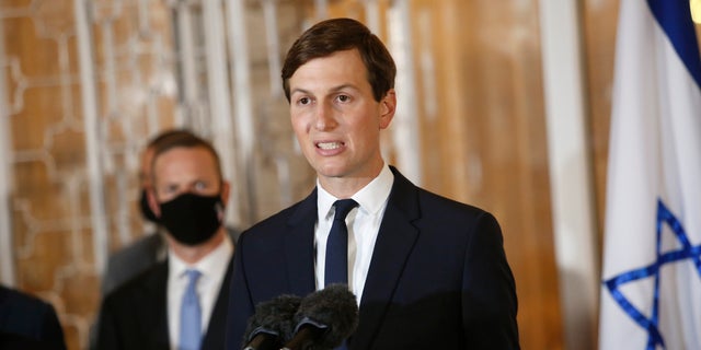 Senior White House adviser Jared Kushner speaks to reporters at the guest house next to the royal palace in Rabat, Morocco, Tuesday, Dec. 22, 2020. Kushner led a delegation from Israel to Morocco on Tuesday on the first known direct flight since the two countries agreed to establish full diplomatic ties earlier this month as part of a series of U.S.-brokered normalization accords with Arab countries.<br> (AP Photo/Abdeljalil Bounhar)