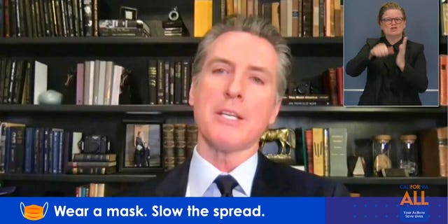 FILE: Governor shows California Gov. Gavin Newsom during a virtual briefing from his home in Sacramento, Calif.