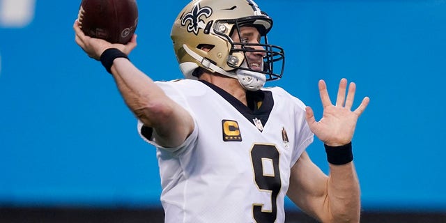 New Orleans Saints quarterback Drew Brees passes against the Carolina Panthers during the first half of a game Jan. 3, 2021, in Charlotte, N.C. 