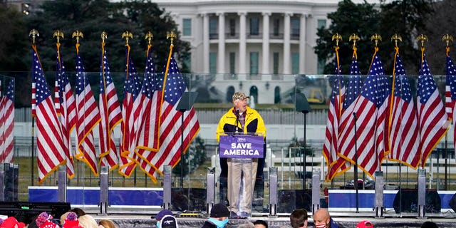 With the White House in the background, Rep. Mo Brooks, R-Ark., speaks Wednesday, Jan. 6, 2021, in Washington, D.C., at a rally in support of President Donald Trump called the "Save America Rally." (AP Photo/Jacquelyn Martin)