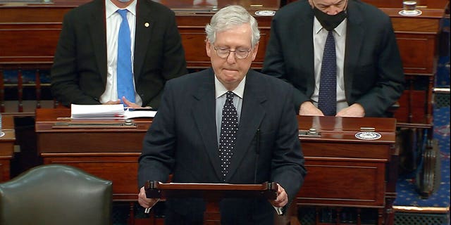 In this image from video, Senate Majority Leader Mitch McConnell of Ky., speaks as the Senate reconvenes after protesters stormed into the U.S. Capitol on Wednesday, Jan. 6, 2021. McConnell opposed Trump-backed efforts by Republicans to overturn the presidential election in Congress. He now is said to be furious with the president and believes that a second impeachment could help excise Trump and his movement from the GOP. (Senate Television via AP)