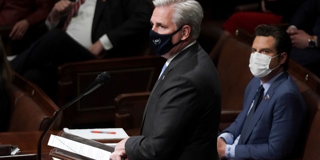 House Minority Leader Kevin McCarthy, R-Calif., speaks in the House Chamber after they reconvened for arguments over the objection of certifying Arizona’s Electoral College votes in November’s election, at the Capitol in Washington, Wednesday, Jan. 6, 2021. McCarthy has said he opposes impeaching the president again. (Greg Nash/Pool via AP)