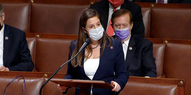 In this image from video, Rep. Elise Stefanik, R-N.Y., speaks as the House reconvenes to debate the objection to confirm the Electoral College vote from Arizona, after protesters stormed into the U.S. Capitol on Wednesday, Jan. 6, 2021. (House Television via AP)
