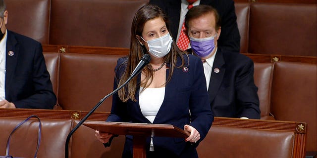 In this image from video, Rep. Elise Stefanik, R-N.Y., speaks as the House reconvenes to debate the objection to confirm the Electoral College vote from Arizona, after protesters stormed into the U.S. Capitol on Wednesday, Jan. 6, 2021. (House Television via AP)