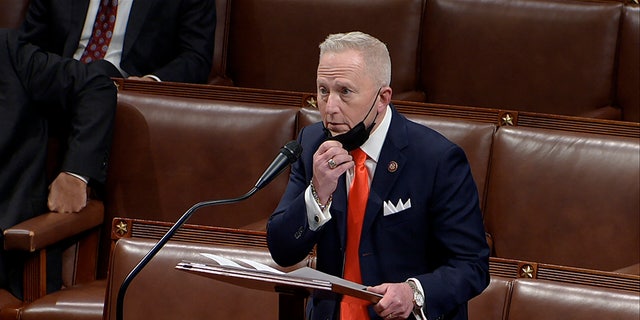In this image from video, Rep. Jeff Van Drew, R-N.J., speaks as the House debates the objection to confirm the Electoral College vote from Pennsylvania, at the U.S. Capitol early Thursday, Jan. 7, 2021. (House Television via AP)
