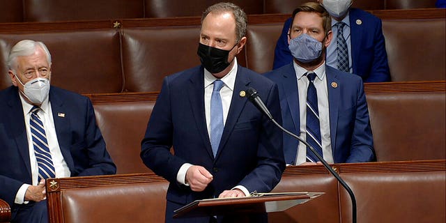 In this image from video, Rep. Adam Schiff, D-Calif., speaks as the House debates the objection to confirm the Electoral College vote from Pennsylvania, at the U.S. Capitol early Thursday, Jan. 7, 2021. (House Television via AP)