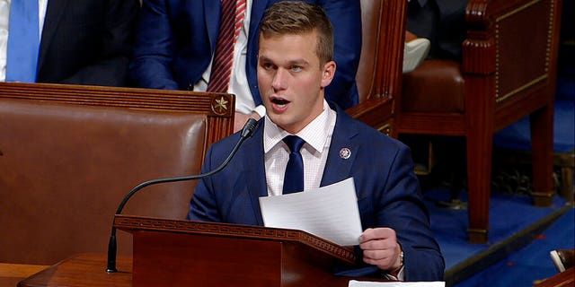 In this image from video, Rep. Madison Cawthorn, R-N.C., speaks as the House debates the objection to confirm the Electoral College vote from Pennsylvania, at the U.S. Capitol early Thursday, Jan. 7, 2021. Cawthorn has urged the Biden Administration to take every step needed to minimize and resolve the Colonial pipeline shutdown crisis.  (House Television via AP)