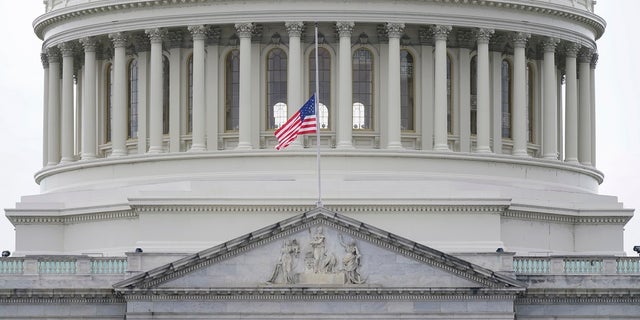 An American flag flies at half-staff in remembrance of U.S. Capitol Police Officer Brian Sicknick above the Capitol Building in Washington on Friday. A Pennsylvania teacher has been put on leave pending an investigation into his involvement in the protest before the riot in the Capitol. (AP Photo/Patrick Semansky)