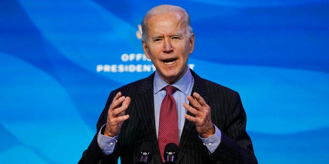 President-elect Joe Biden speaks during an event at The Queen theater in Wilmington, Del., Friday, Jan. 8, 2021, to announce key administration posts. (AP Photo/Susan Walsh)