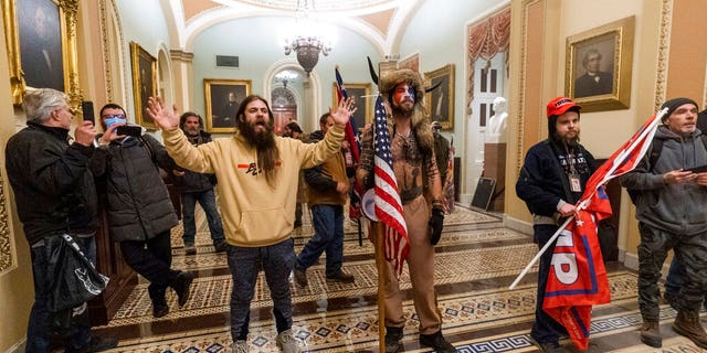 In this Wednesday, Jan. 6, 2021 file photo supporters of President Donald Trump are confronted by U.S. Capitol Police officers outside the Senate Chamber inside the Capitol in Washington.