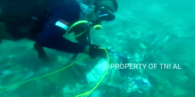 A diver is seen recovering debris strewn on the sea floor in Java Sea where Sriwijaya Air passenger jet crashed, in Indonesia. The search for the black boxes of a crashed Sriwijaya Air jet intensified Monday to boost the investigation into what caused the plane carrying 62 people to nosedive at high velocity into the Java Sea. (Indonesian Navy via AP)