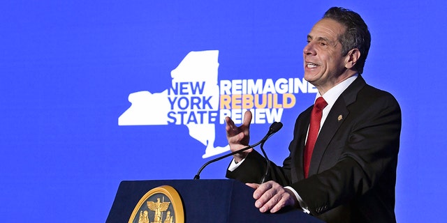 New York Gov. Andrew Cuomo delivers his State of the State address virtually from The War Room at the state Capitol, Monday, Jan. 11, 2021, in Albany, N.Y. (AP Photo/Hans Pennink, Pool)