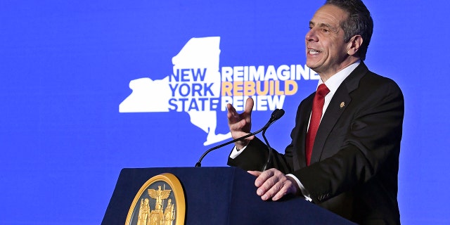 New York Gov. Andrew Cuomo delivers his State of the State address virtually from The War Room at the state Capitol, Monday, Jan. 11, 2021, in Albany, N.Y. (AP Photo/Hans Pennink, Pool)