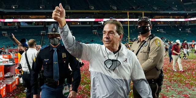 Alabama head coach Nick Saban leaves the field after their win against Ohio State in an NCAA College Football Playoff national championship game, Tuesday, Jan. 12, 2021, in Miami Gardens, Fla. Alabama won 52-24.