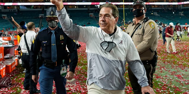 Alabama head coach Nick Saban leaves the field after their win against Ohio State in an NCAA College Football Playoff national championship game, Tuesday, Jan. 12, 2021, in Miami Gardens, Fla. Alabama won 52-24.