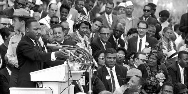 FILE - In this Aug. 28, 1963 file photo, the Rev. Dr. Martin Luther King Jr., head of the Southern Christian Leadership Conference, speaks to thousands during his "I Have a Dream" speech in front of the Lincoln Memorial for the March on Washington for Jobs and Freedom, in Washington. 