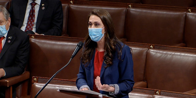 In this Thursday, Jan. 7, 2021 photo image taken from video, Rep. Jaime Herrera Beutler, R-Wash., speaks as the House debates the objection to confirm the Electoral College vote from Pennsylvania, at the U.S. Capitol. (House Television via AP)