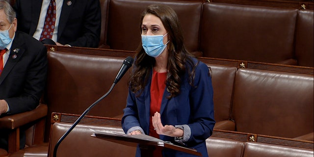 In this Thursday, Jan. 7, 2021 photo image taken from video, Rep. Jaime Herrera Beutler, R-Wash., speaks as the House debates the objection to confirm the Electoral College vote from Pennsylvania, at the U.S. Capitol. (House Television via AP)