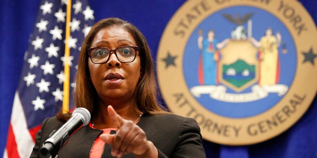 FILE: New York State Attorney General Letitia James takes a question at a news conference in New York.