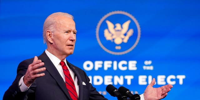 President-elect Joe Biden speaks during an event at The Queen theater, Friday, Jan. 15, 2021, in Wilmington, Del. (AP Photo/Matt Slocum)