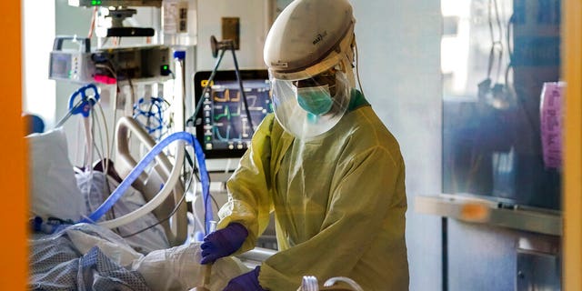 FILE: A healthcare worker tends to a COVID-19 patient in the intensive care unit at Santa Clara Valley Medical Center during the coronavirus pandemic in San Jose, Calif. 